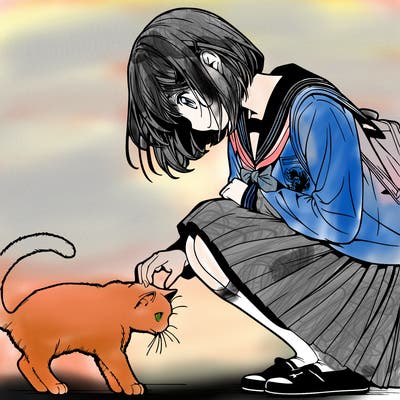 realistic anime girl bending down to pet a cat