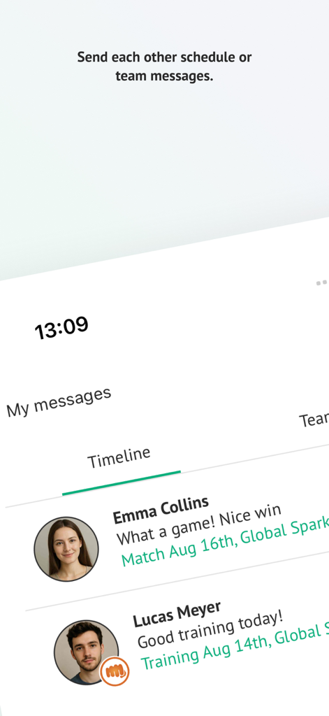 Teamy for sports teams - Interfaz de la aplicación Teamy que muestra una línea de tiempo de mensajes del equipo de jugadores y entrenadores