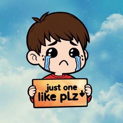 realistic crying boy with a sign saying just one like plz