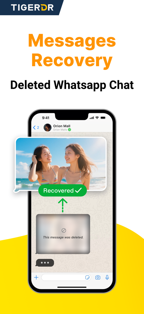 A smartphone screen illustrating the recovery of a deleted WhatsApp photo message using Tiger Data Recovery