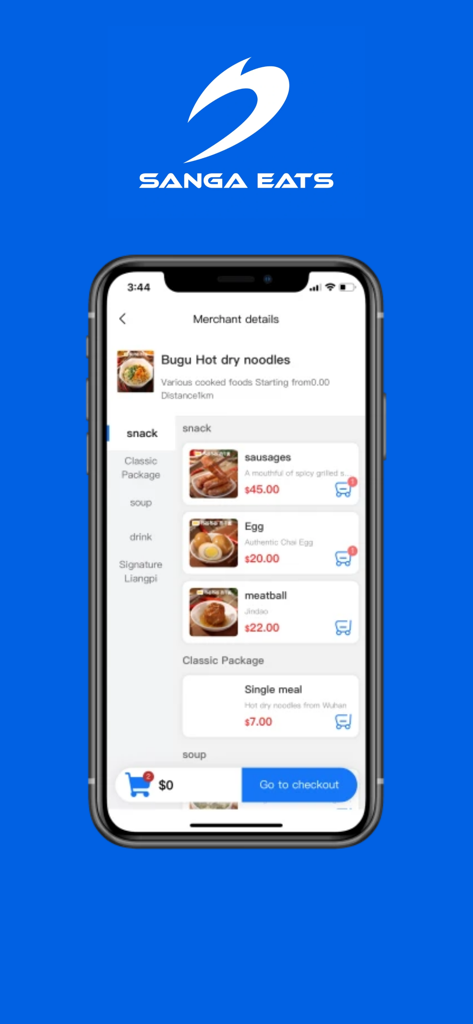 Sanga Eats - Food Delivery - Smartphone screen showing the Sanga Eats app interface with a restaurant menu for hot dry noodles and various snack options.