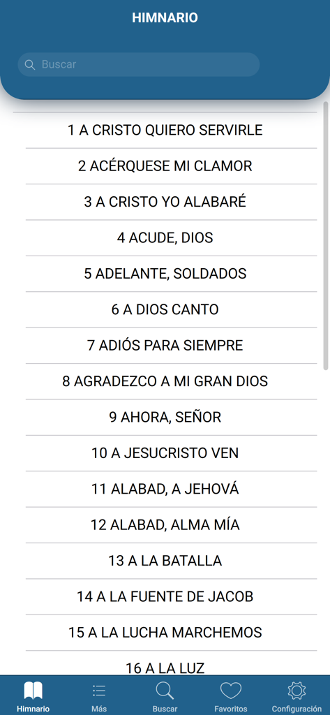 Himnario Lldm Inglés - Español - Una lista de himnos españoles numerados dentro de la interfaz de la aplicación móvil Himnario LLDM
