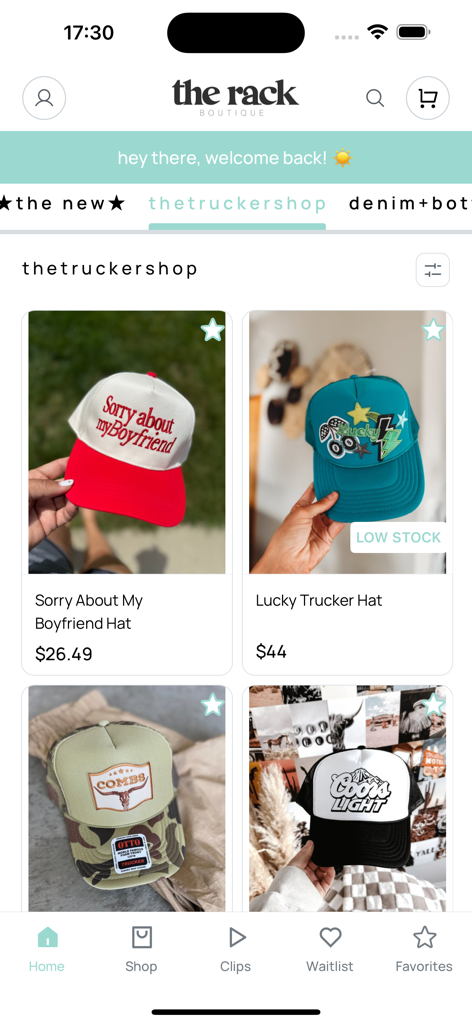 The Rack - Screenshot of The Rack boutique mobile app showing a curated selection of stylish trucker hats with prices and a 'low stock' indicator.
