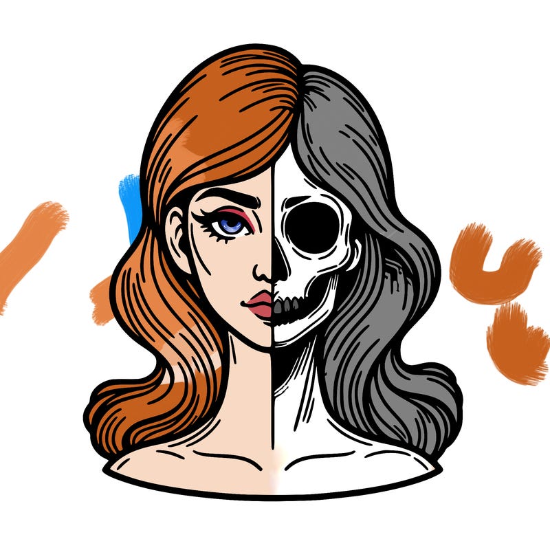 bust of a woman, half face and hair, half skull