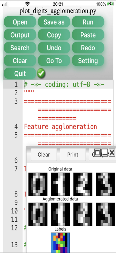 Analyser - The Analyser mobile app showing a Python script for feature agglomeration and a visual comparison of original and processed digit data.