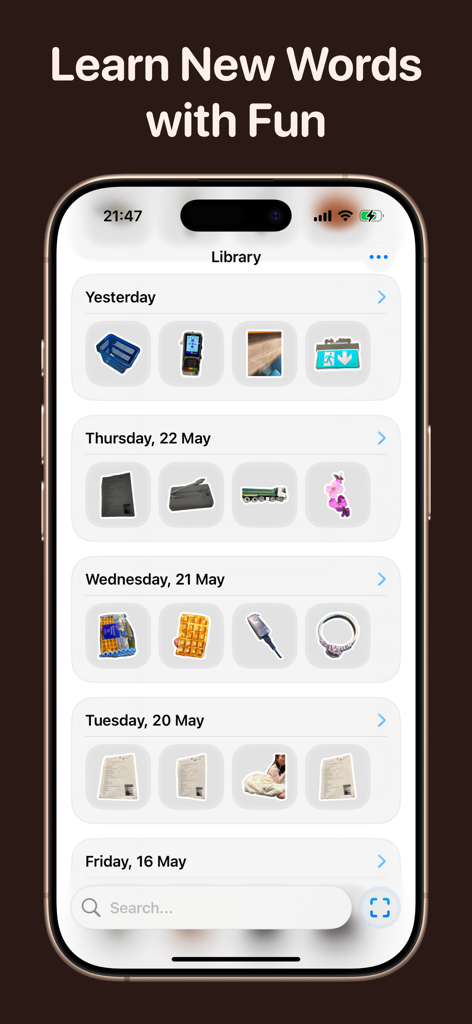 Vocabulary Builder Dictionary - Library screen showing visual word stickers organized by date