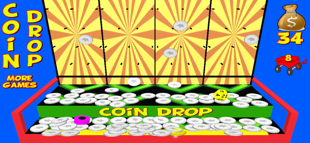 Arcade Coin Drop - A retro carnival coin pusher game with silver coins and prizes on moving shelves
