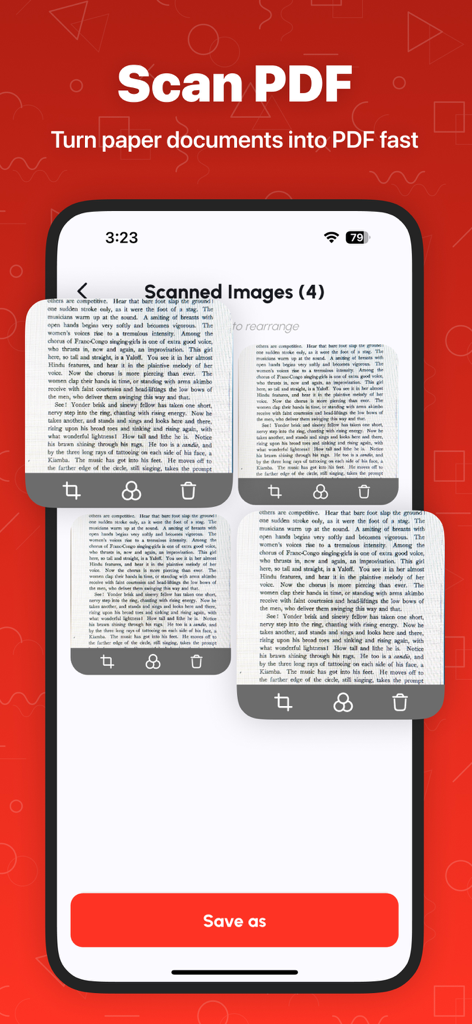 PDFファイルに変換される準備ができたスキャンされたドキュメントページを示すモバイルアプリインターフェイス
