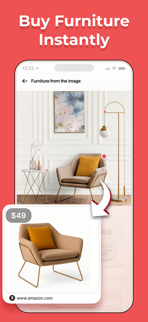 Decory - AI Home & Room Design - Decory app screenshot showing the shop the look feature with an armchair priced at 49 dollars from Amazon