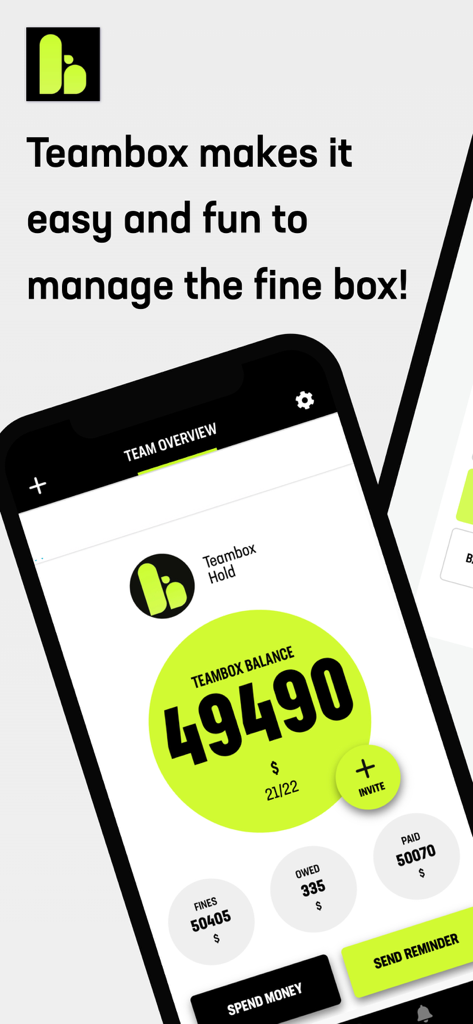 Screenshot der Teambox-App, der den Überblick über das Guthaben und das Dashboard der Sportteam-Geldkasse zeigt