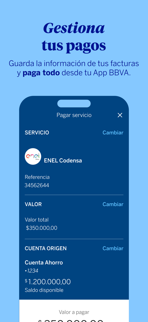 BBVA Colombia | Banca Móvil - Capture d'écran de l'interface de l'application BBVA Colombie pour payer une facture de services publics à partir d'un compte d'épargne.