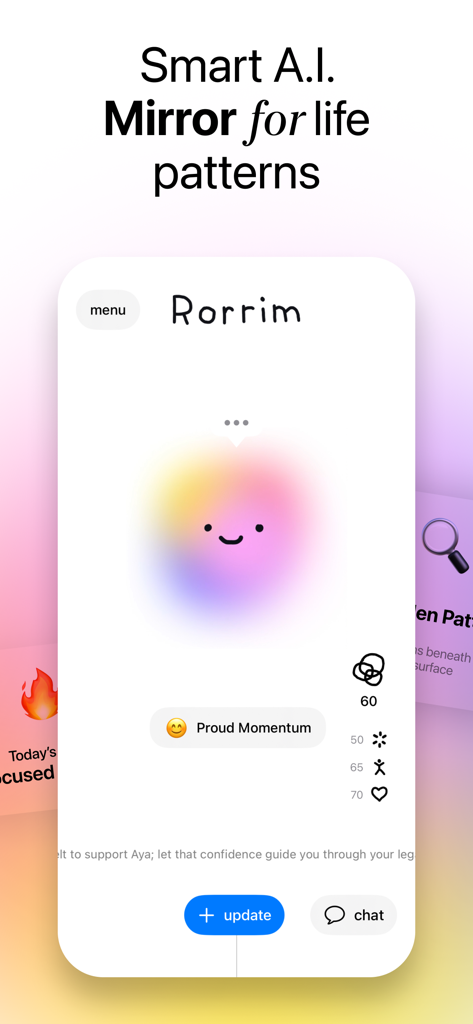 Rorrim - Smart AI Journal - Rorrim app interface showing smart AI journal with life patterns and mood tracking