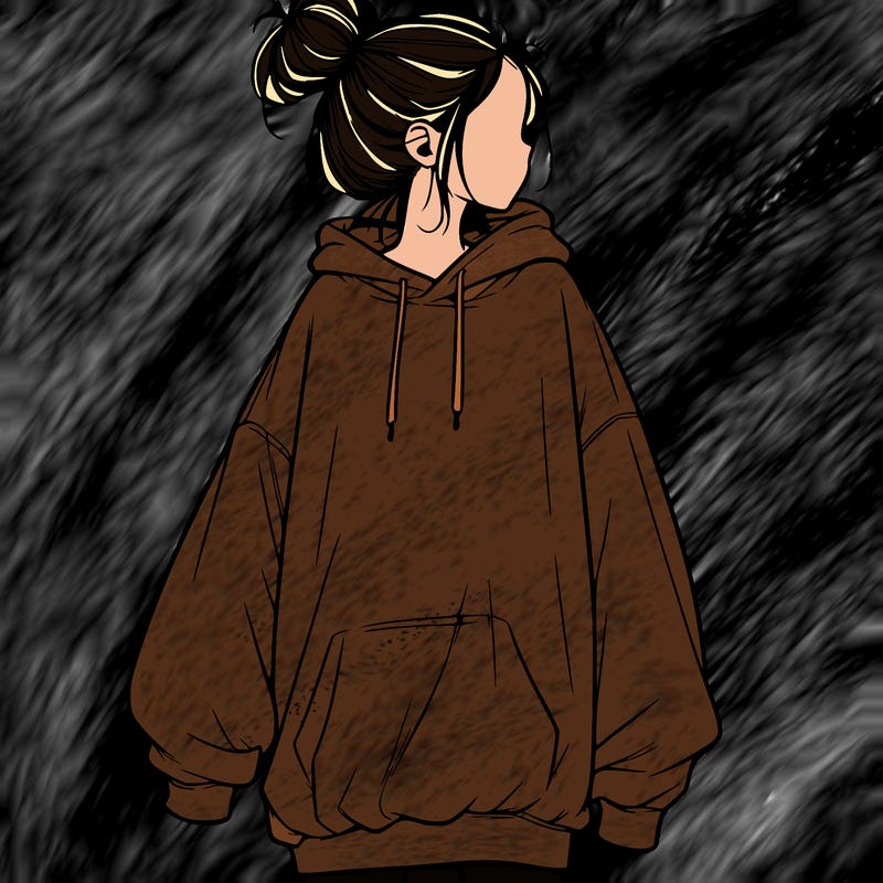 realistic girl with a oversized sweatshirt on and a bun