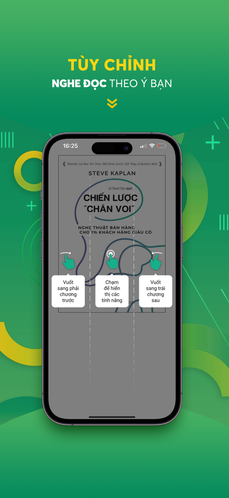Waka 4.0 – Ebook & Audiobook - Smartphone screen showing the Waka 4.0 app reading interface with navigation gesture instructions in Vietnamese
