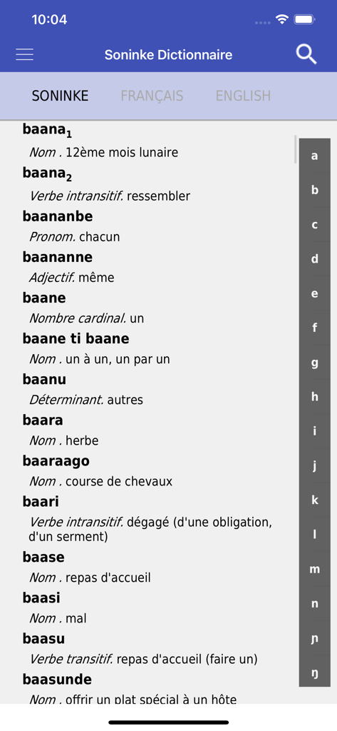 Alphabetical list of Soninke words with French definitions in the dictionary app interface