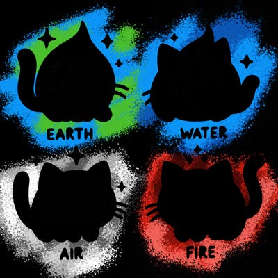 4 cats that represent the different elements, earth, water, air, and fire