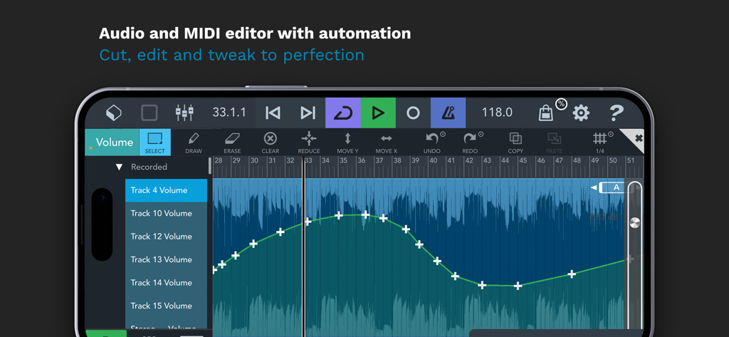 Interfaccia DAW mobile Cubasis 3 che mostra l'automazione del volume e l'editing audio su un iPhone