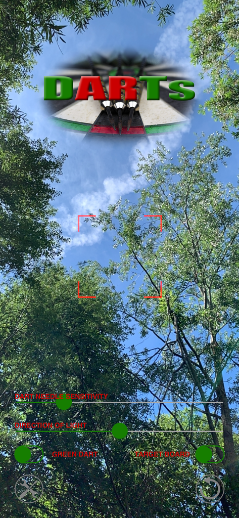 [AR] Darts - AR Darts game settings screen featuring sensitivity and light direction sliders over an augmented reality view of trees