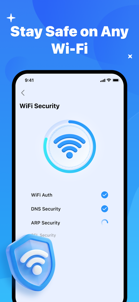 Tela de um smartphone exibindo uma auditoria de segurança Wi-Fi com listas de verificação de segurança DNS e ARP