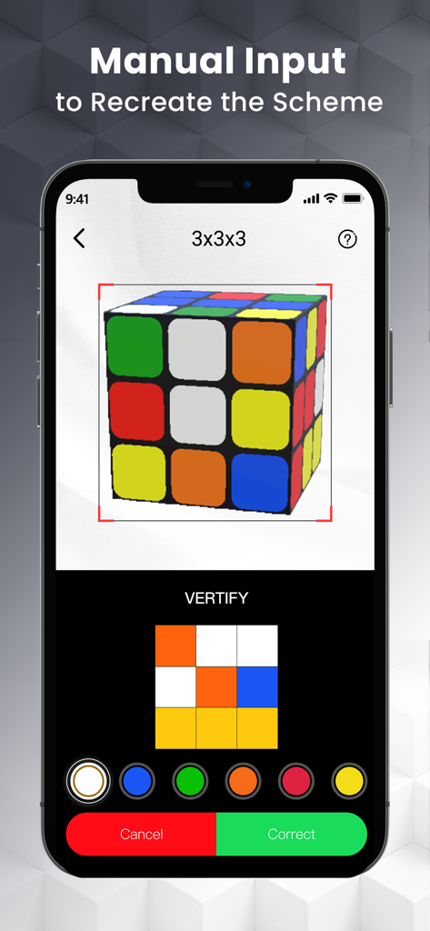 Manual color input screen in CubeSolver AI app showing a 3x3 cube model and color selection grid
