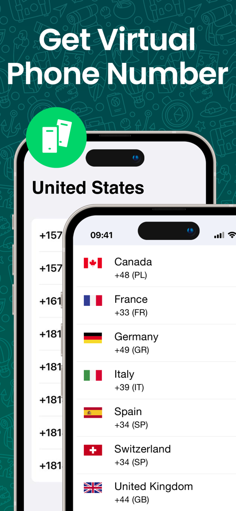 Messenger Duo app screen showing international virtual phone number options for dual messaging