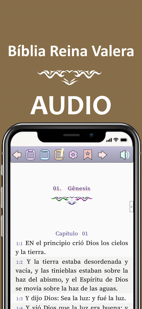 Biblia Reina Valera (Español) - Pantalla de la app Biblia Reina Valera en español mostrando Génesis y la función de audio
