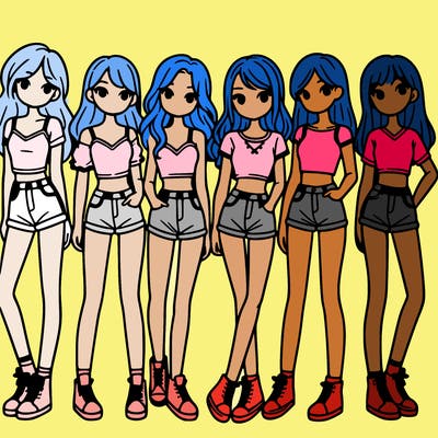 a group of girls wearing crop tops and shorts