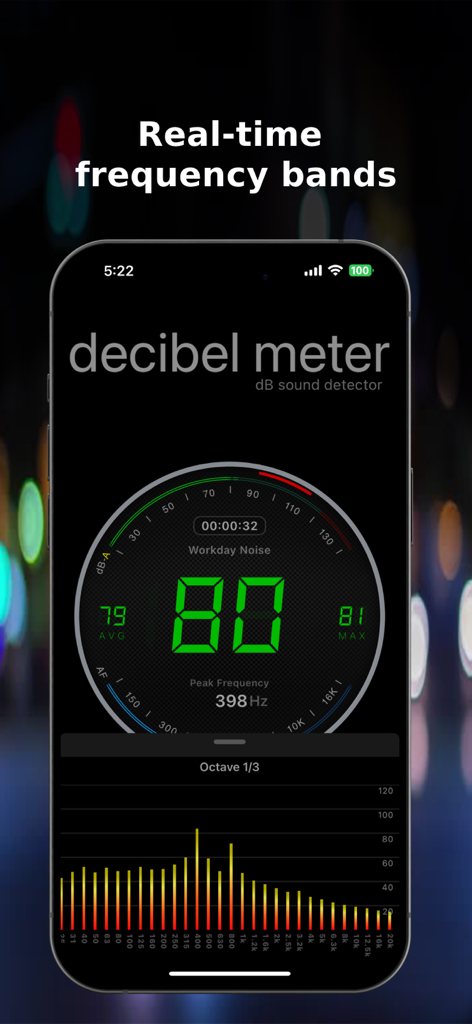 Decibel Meter app interface showing real time sound frequency bands and a decibel reading of 80