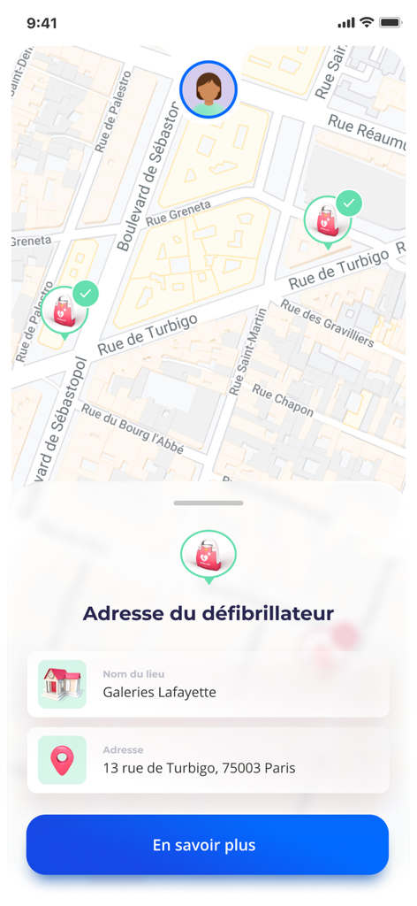 SAUV Life app interface showing a city map with icons indicating the locations of nearby defibrillators and their specific addresses.