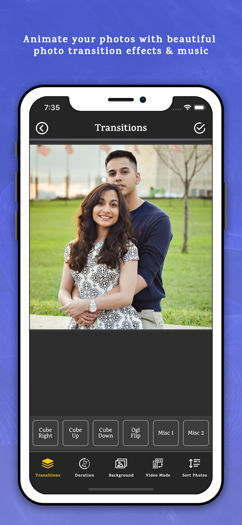 Video Maker With Music - Interface of the Video Maker With Music app showing various photo transition effects like Cube and Ogl Flip