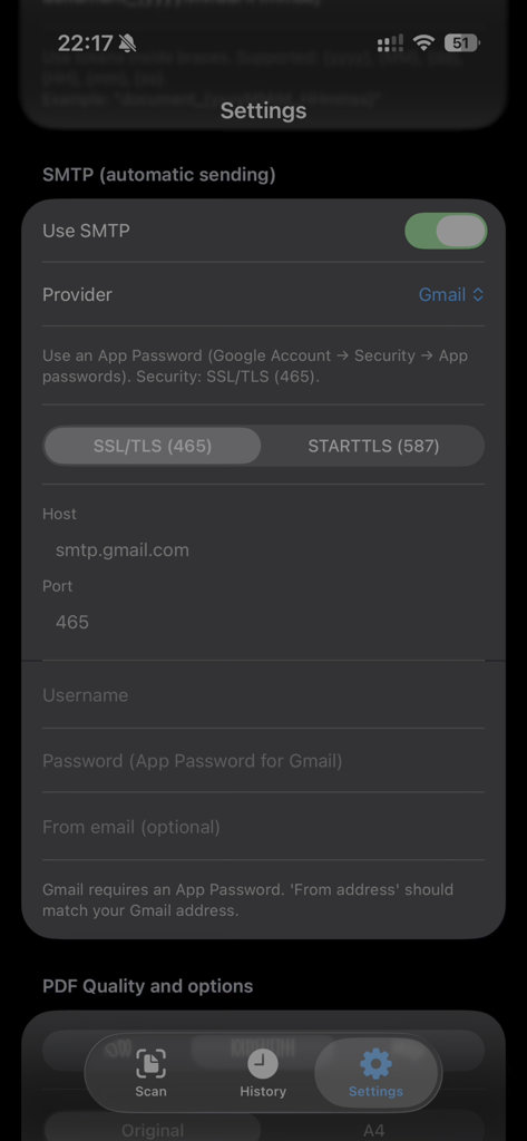 Quick Scan And Share - SMTP automatic email sending configuration screen in the Quick Scan and Share app