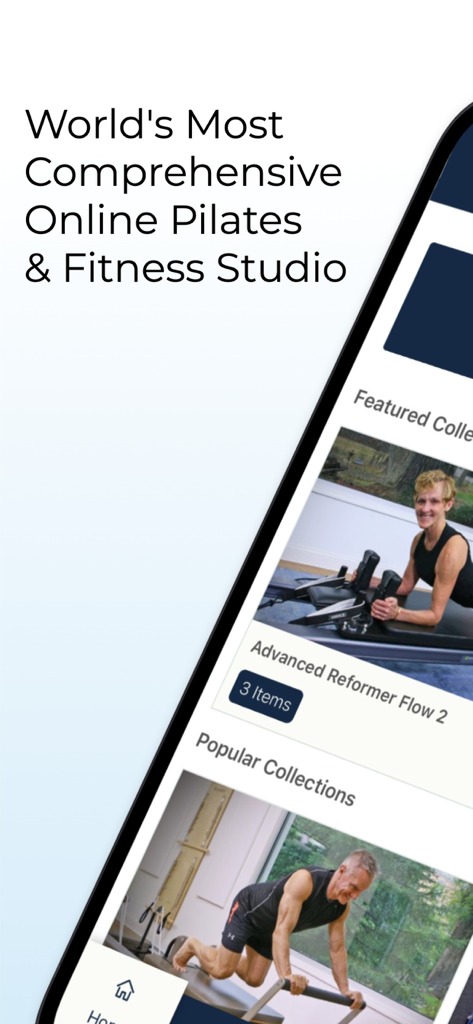 Pilates & Fitness TV - Screenshot of the Pilates and Fitness TV app showing featured workout collections and reformer exercises.