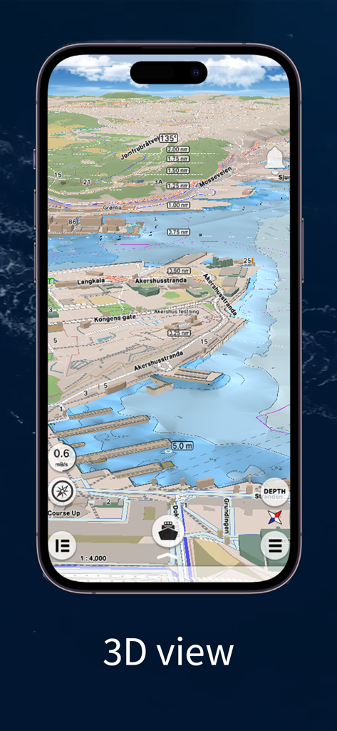 mKart Marine Navigation - 3D visualization of a coastal harbor with buildings and sea floor relief in the mKart Marine Navigation app