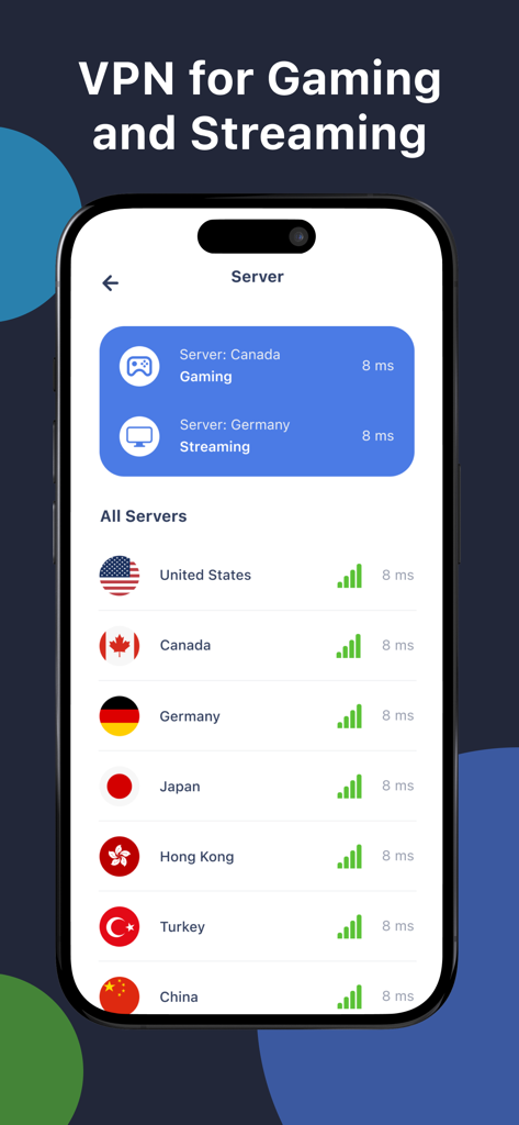 VPN - SuperX Unlimited Proxy - Interface de l'application VPN montrant une liste de serveurs mondiaux optimisés pour le jeu et le streaming avec une faible latence.