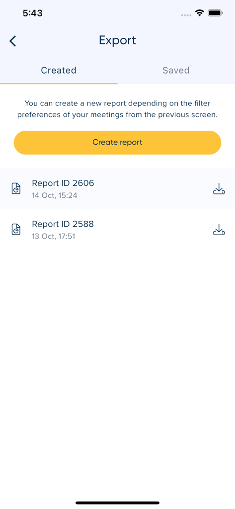 SimplyMeet.me - SimplyMeet.me app export reports interface showing a list of created reports and a button to create new reports