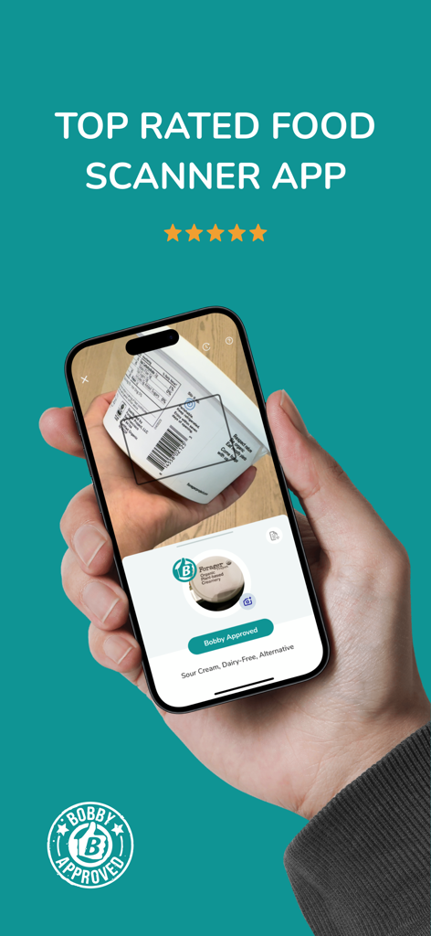 A person using a smartphone to scan a food product barcode with the Bobby Approved app