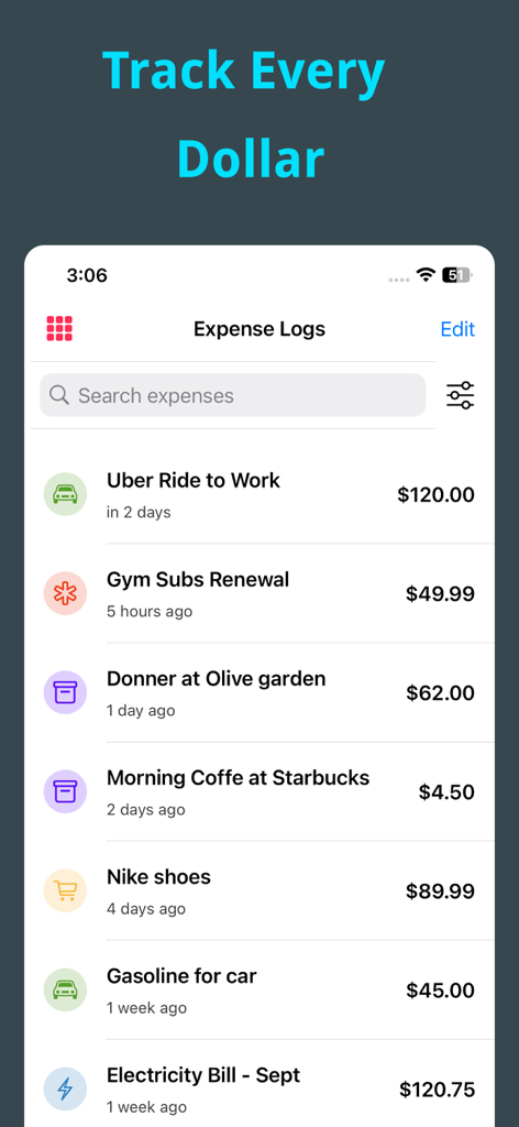 Expense Tracker New - Spendful - Pantalla de la app móvil Spendful mostrando una lista de gastos rastreados con cantidades en dólares y categorías.