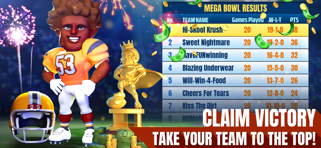Big Win Football 2026 - Una pantalla de clasificación para Big Win Football 2026 mostrando los resultados del Mega Bowl con un trofeo de campeonato y clasificaciones.