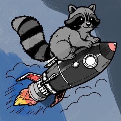 realistic raccoon flying on top rocket ship