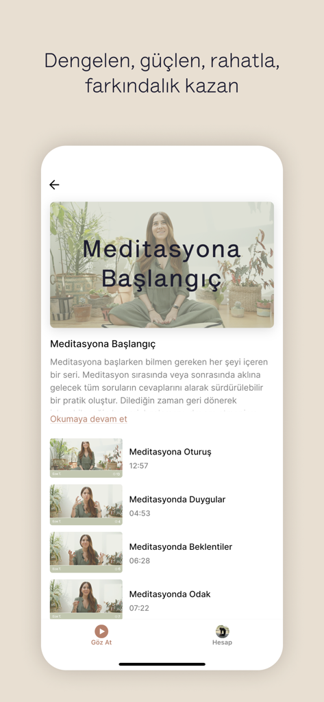 Flov Studio app screen displaying an introduction to meditation course with a list of lessons including sitting and focus