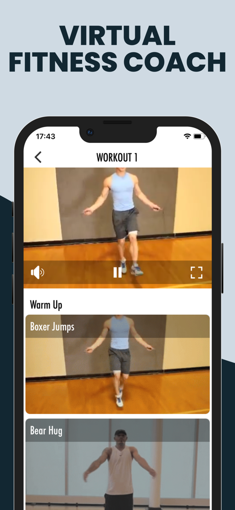 MMA training app interface showing a virtual fitness coach with a boxer jumps video workout