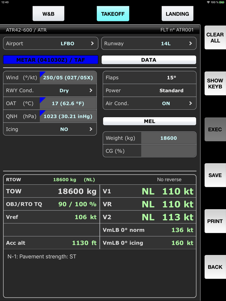 SPS - ATR aircraft performance - Interface of the SPS app showing takeoff performance data for an ATR 42-600 aircraft