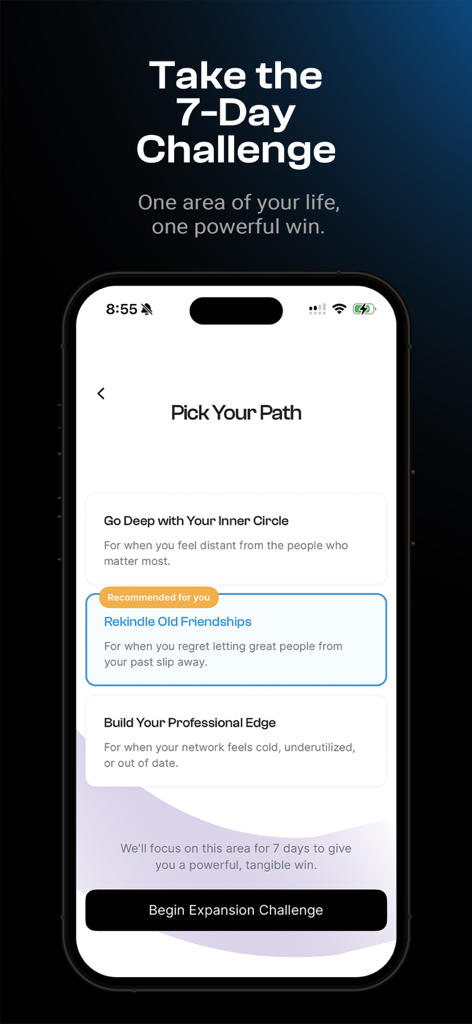 Socialite: Stay Connected - Socialite app interface for selecting a 7-day social connection challenge path