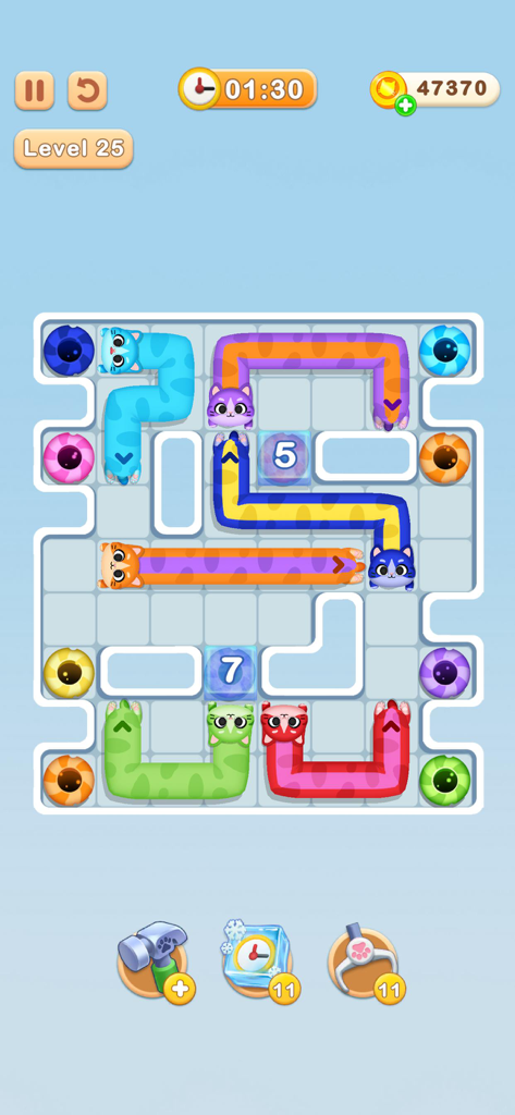 Cat me out - A colorful puzzle board in the Cat me out game featuring cute elongated cats being matched to colored holes