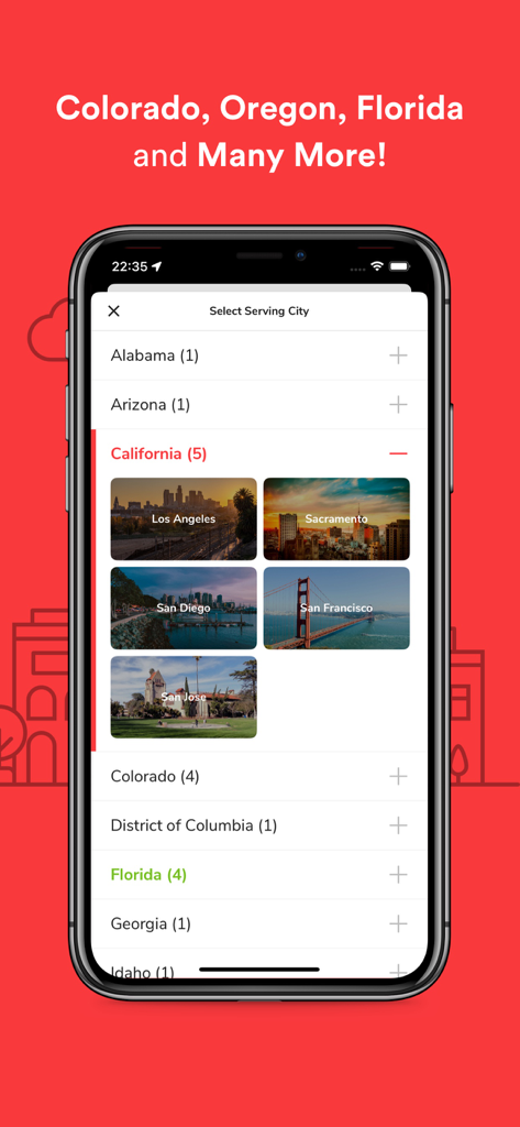 Truckster - Find Food Trucks - Truckster mobile app screen for selecting a serving city from various US states