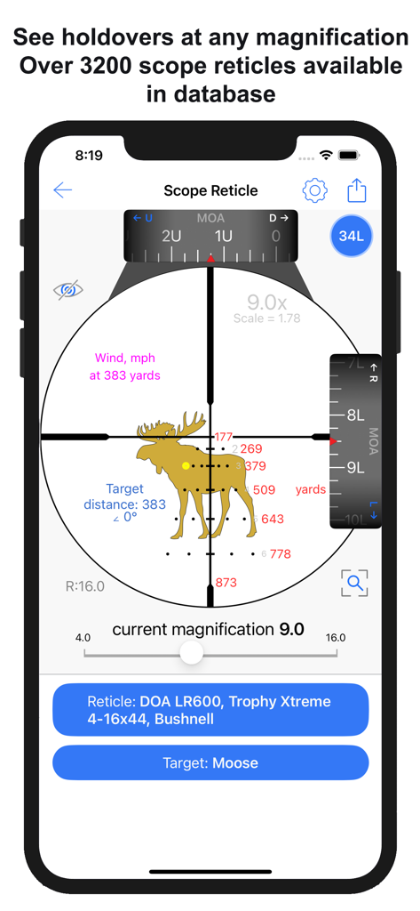 Chairgun Elite app interface showing a scope reticle with holdovers on a moose target