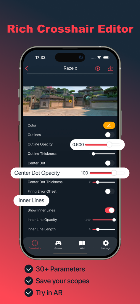 A mobile interface of the Valo AIM app showing the rich crosshair editor with sliders for opacity and thickness