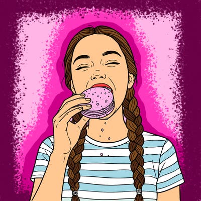 teen realistic girl with braids eating a macaroon