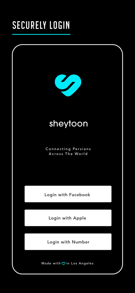 Sheytoon app secure login screen for the Persian community with multiple sign in options