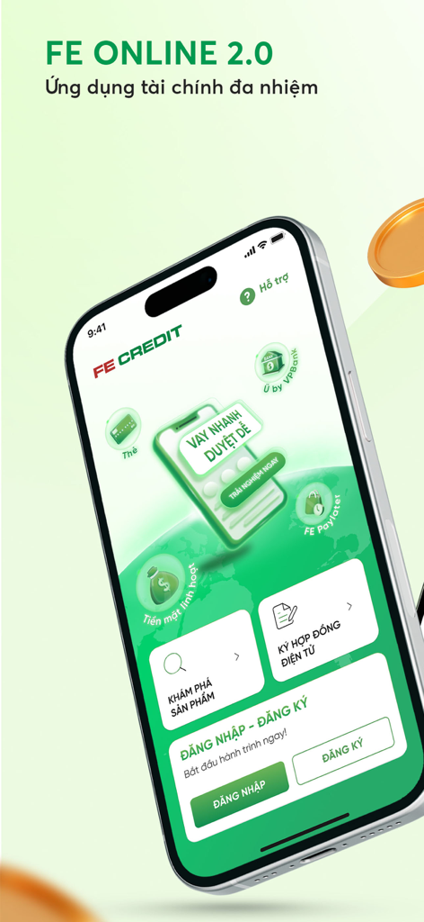 Tela inicial do aplicativo móvel FE Online 2.0 exibindo recursos de empréstimo rápido e serviços bancários digitais.